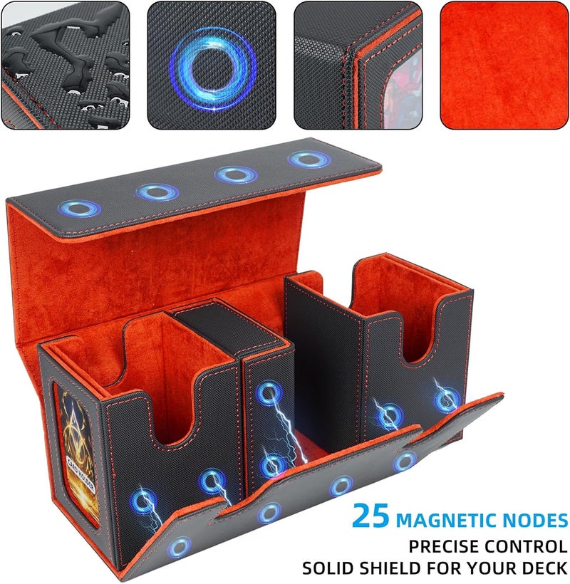 AFIING Mtg deck box with commander display- Fits 200 Double Sleeved Cards,3-in-1Card Deck Case,Strong Magnet Card Organizer For Magic Commander TCG CCG,4Dividers &2 Toploaders, Black/Red - Image 5